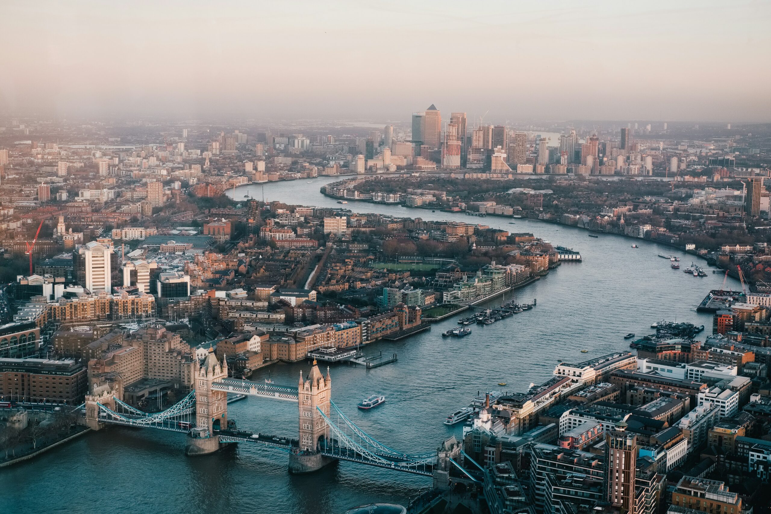 Aerial view of London, picturing the London Bridge across the RiverThames